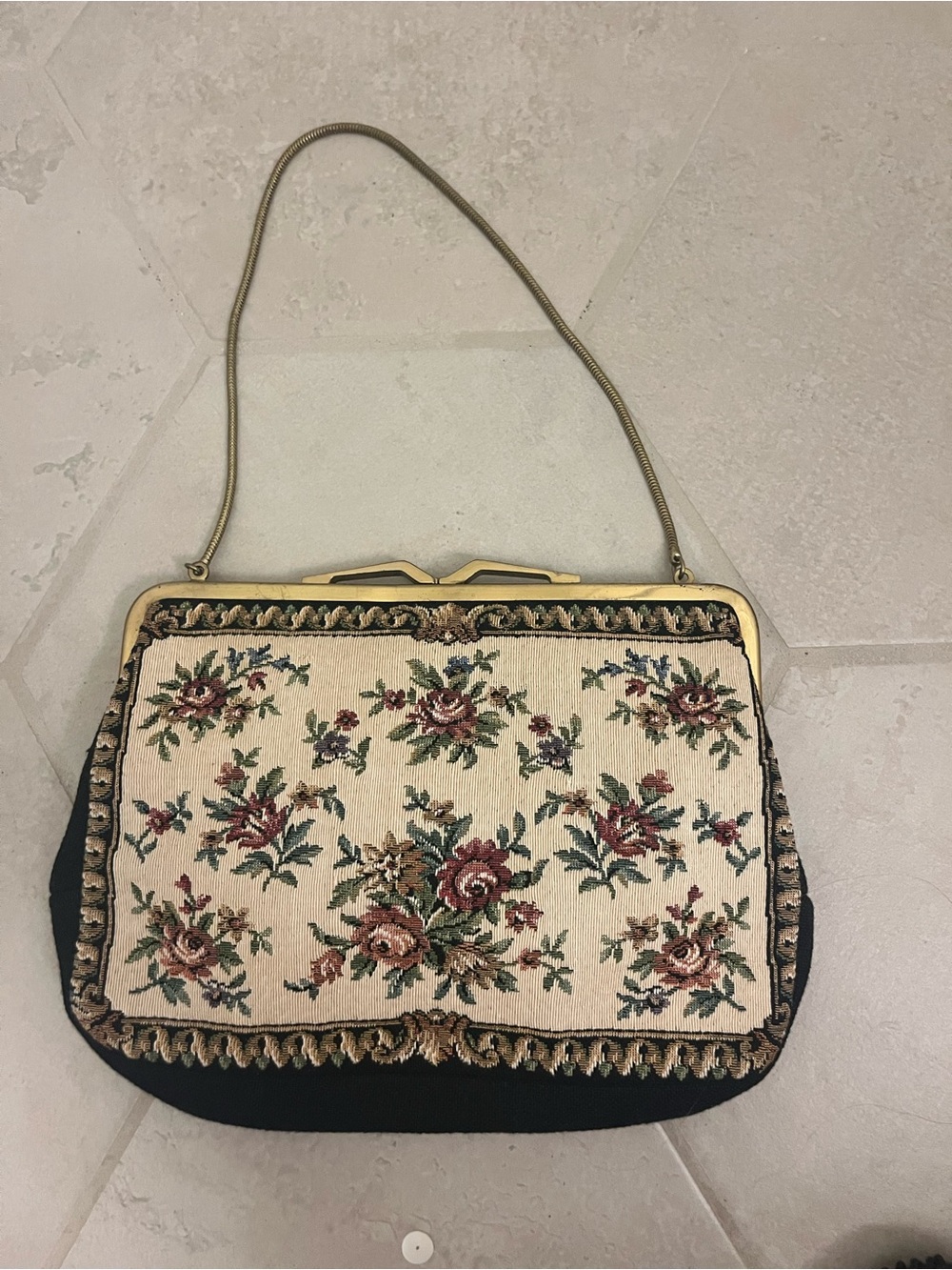 Vintage Floral Tapestry Handbag – Cream and Black